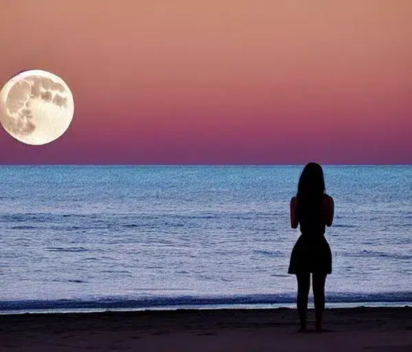 Photo a full moon over sea and a girl looking the sky 4