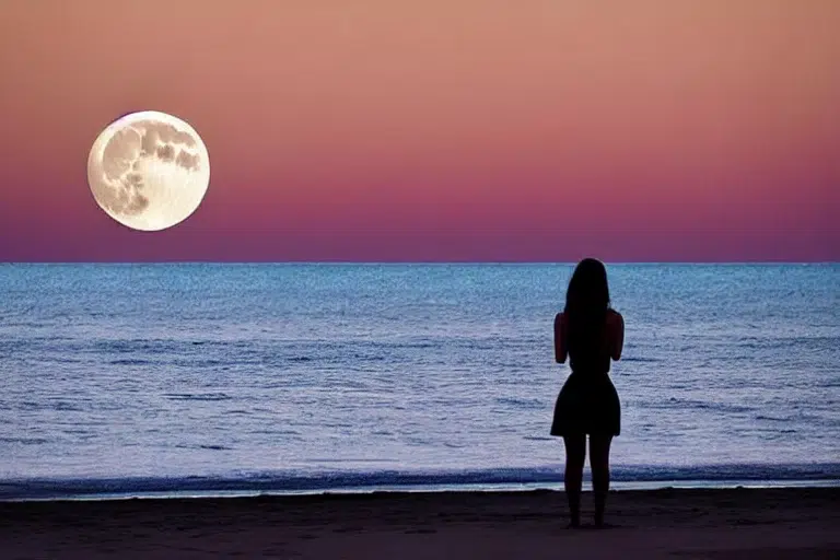 Photo a full moon over sea and a girl looking the sky 4
