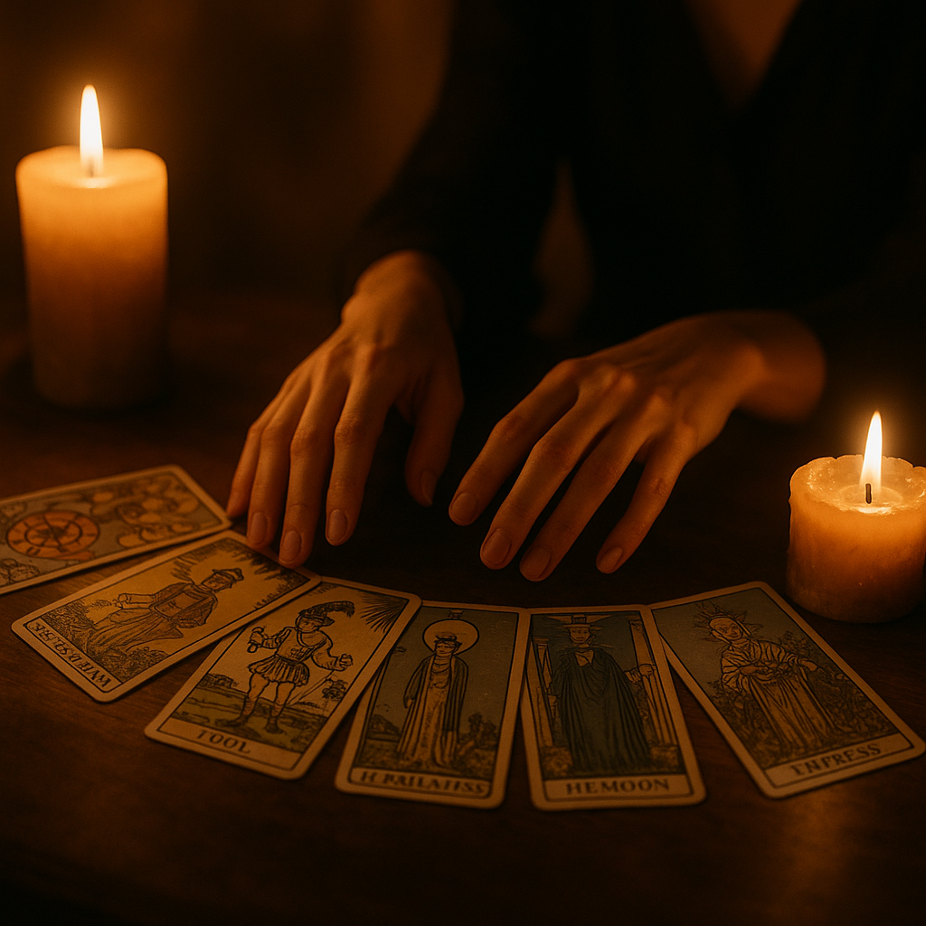 Manos acercándose sobre cartas del tarot en mesa iluminada por velas