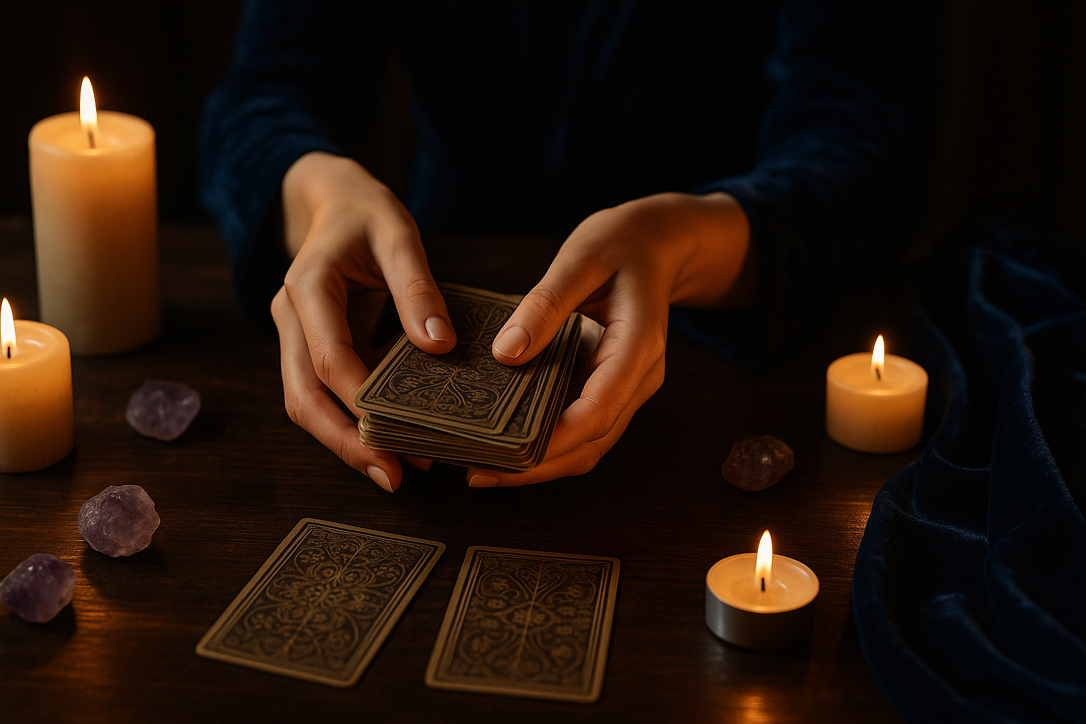 manos barajando cartas de tarot sobre mesa con velas y ambiente místico