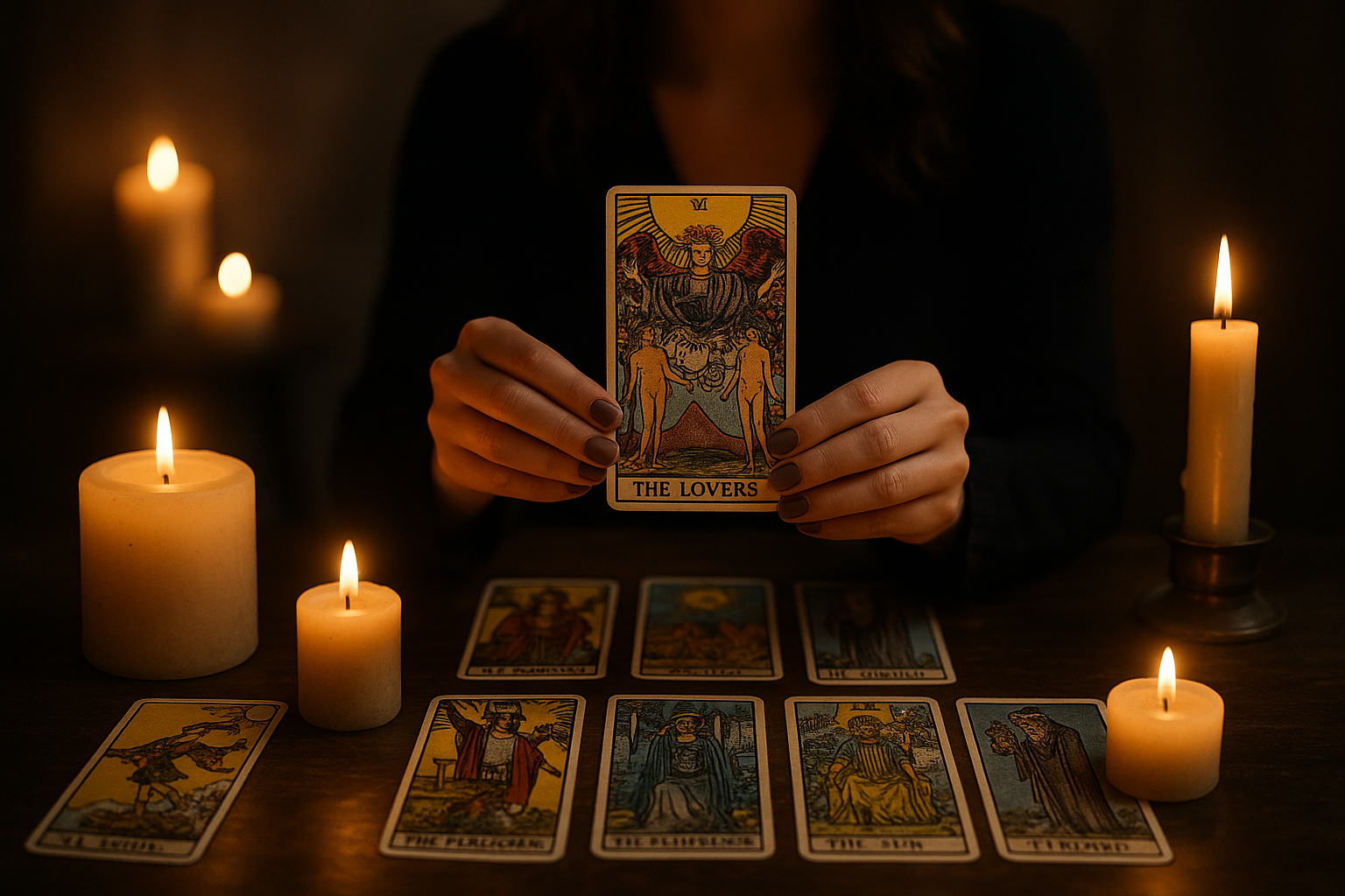 Cartas de tarot y velas sobre mesa con ambiente místico y reflexivo