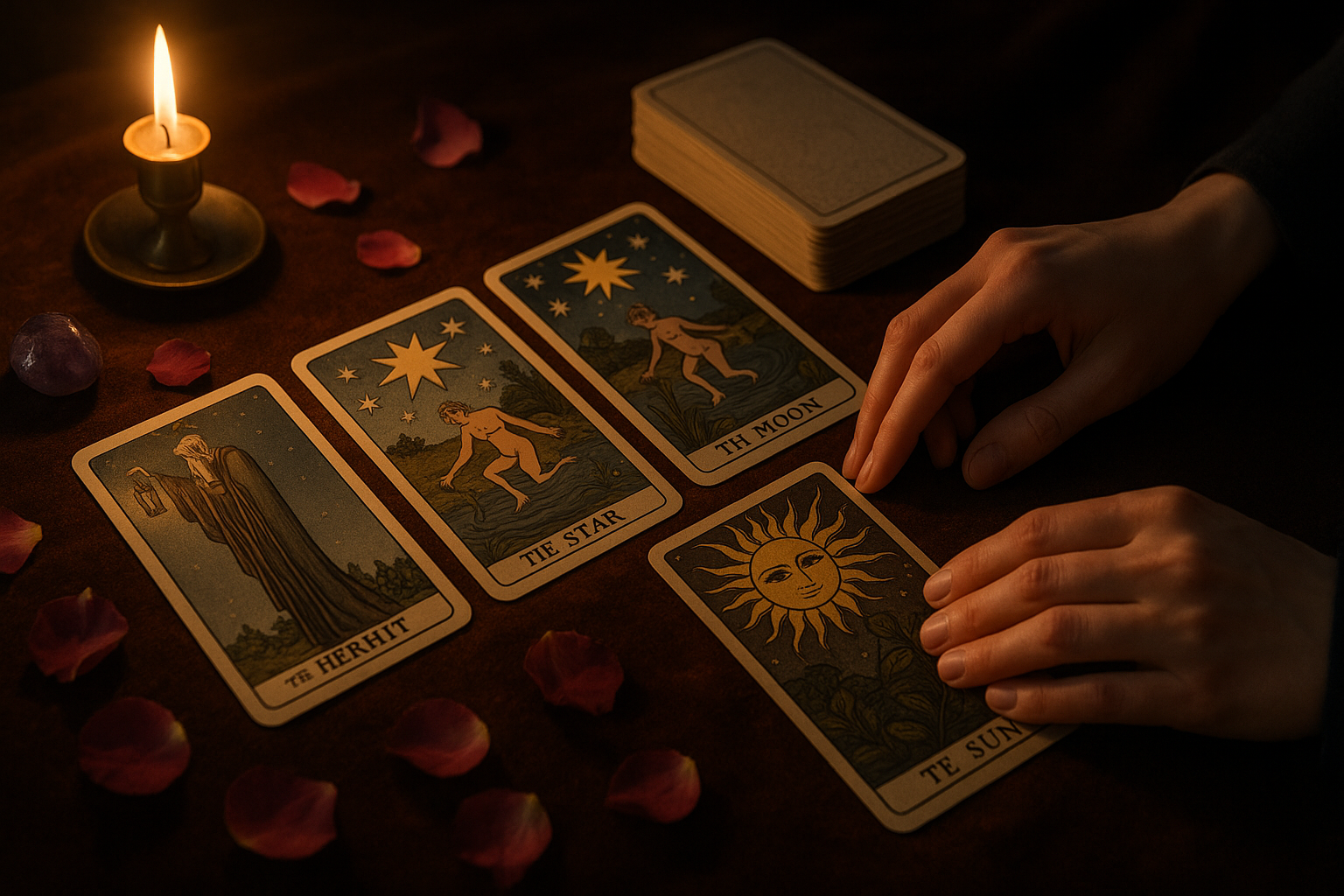 cartas del tarot sobre mesa de terciopelo con velas y ambiente cálido e introspectivo