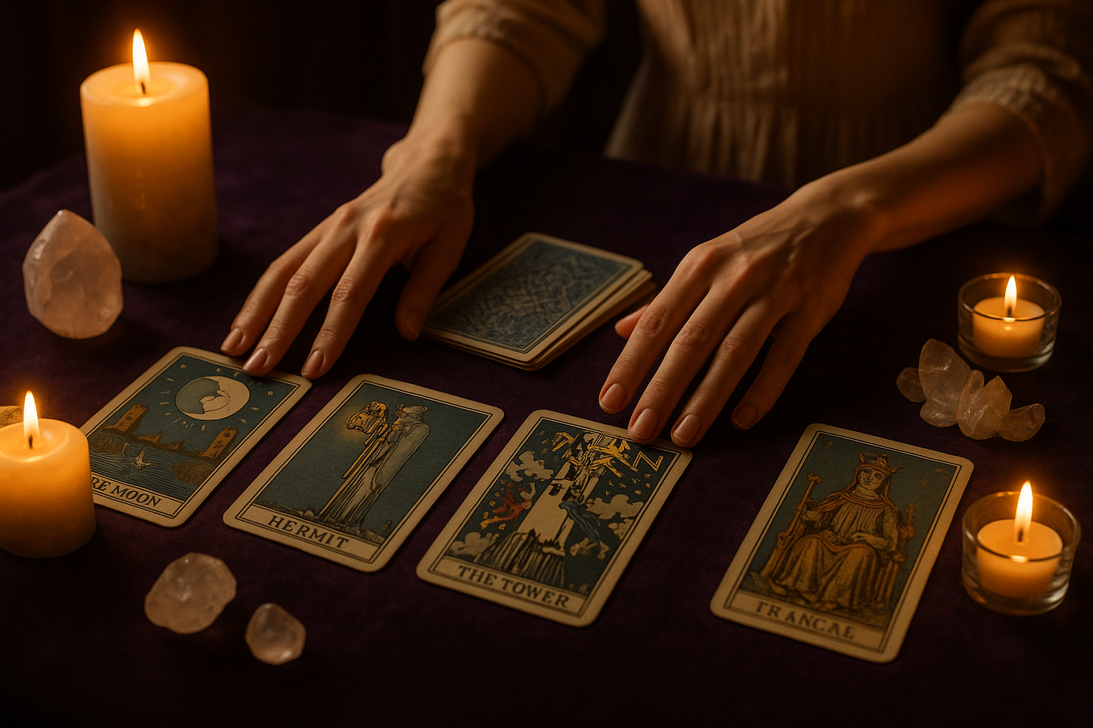 Manos femeninas extendiendo cartas de tarot en mesa elegante con velas y ambiente místico