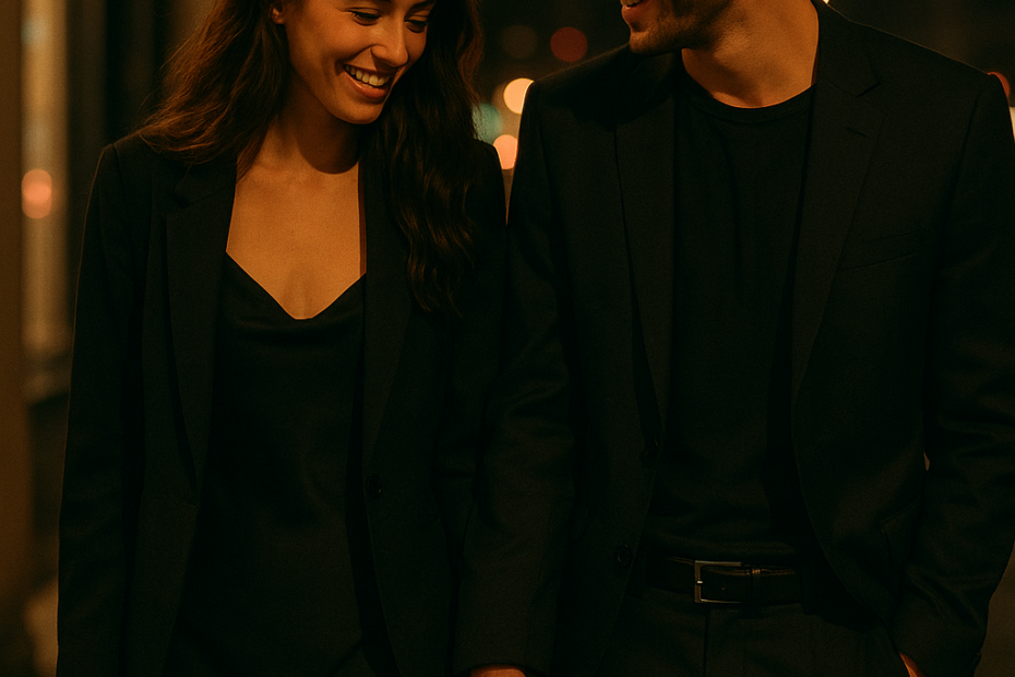Pareja joven de la mano tras un evento nocturno en ambiente elegante