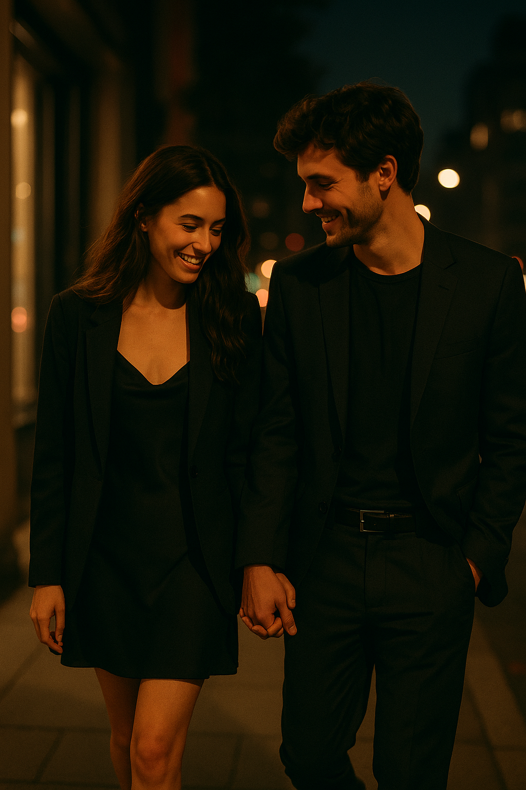 Pareja joven de la mano tras un evento nocturno en ambiente elegante