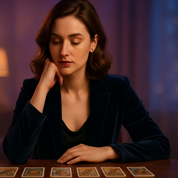 Mujer reflexionando sobre el amor con cartas del tarot en ambiente elegante y emocional.