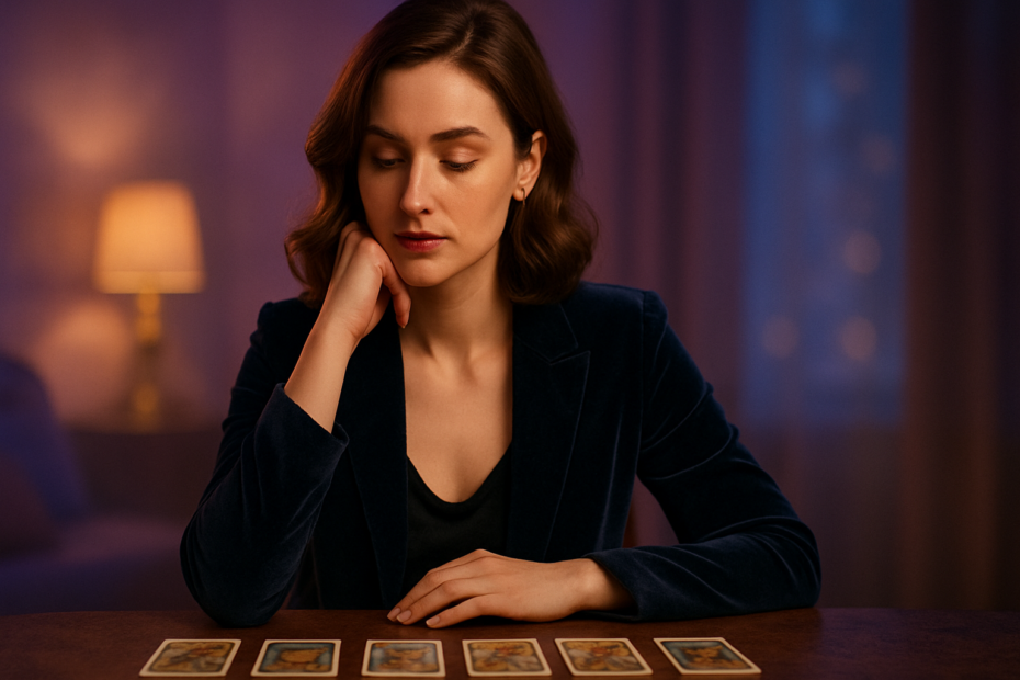 Mujer reflexionando sobre el amor con cartas del tarot en ambiente elegante y emocional.