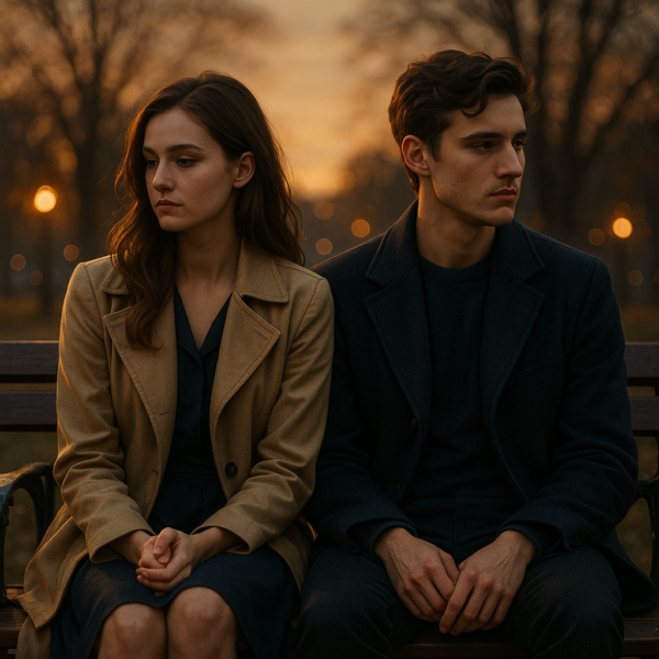 pareja joven separada mostrando distancia emocional al atardecer con ambiente elegante y cinematográfico