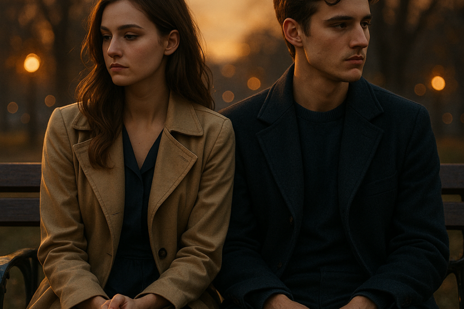 pareja joven separada mostrando distancia emocional al atardecer con ambiente elegante y cinematográfico