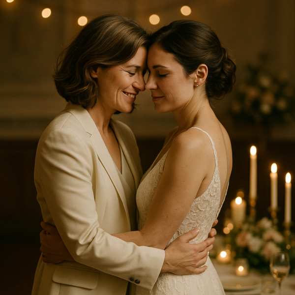 Pareja femenina celebrando segunda boda en ambiente elegante y emotivo