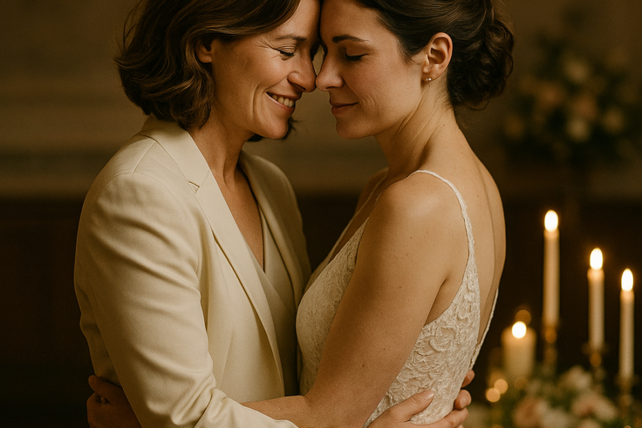 Pareja femenina celebrando segunda boda en ambiente elegante y emotivo