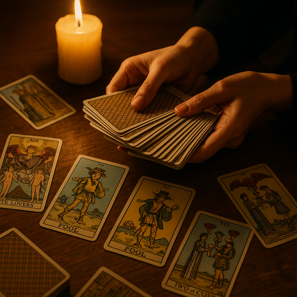 cartas de tarot y manos sobre mesa con luz de velas, simbolizando introspeccion amorosa