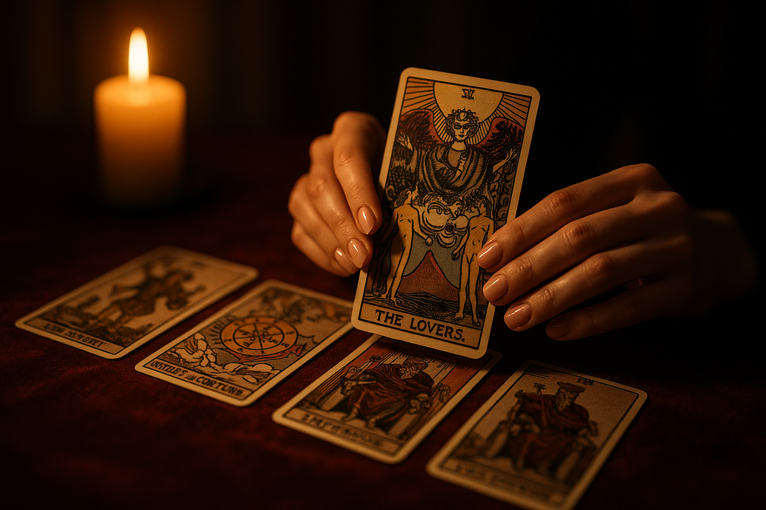 Cartas del tarot sobre mesa de terciopelo iluminadas con velas ambiente intimo y misterioso