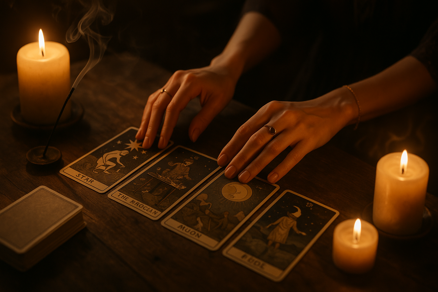 manos femeninas disponiendo cartas de tarot sobre mesa con velas y ambiente místico