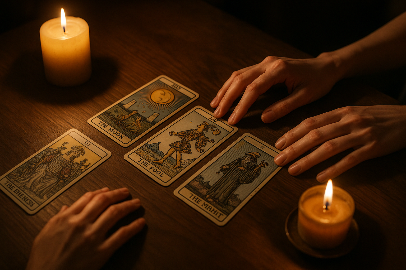 Cartas de tarot sobre una mesa con velas y ambiente introspectivo, simbolizando orientación tras una separación.