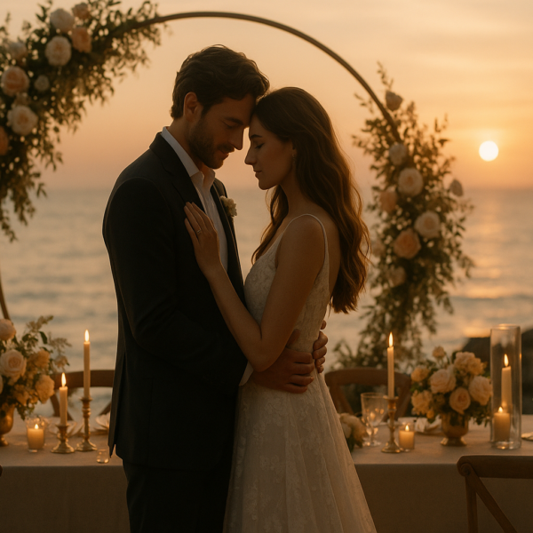 pareja celebrando una reboda emotiva junto al mar en ambiente elegante y romántico
