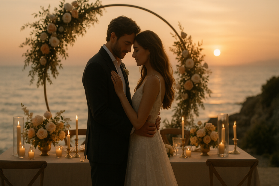 pareja celebrando una reboda emotiva junto al mar en ambiente elegante y romántico