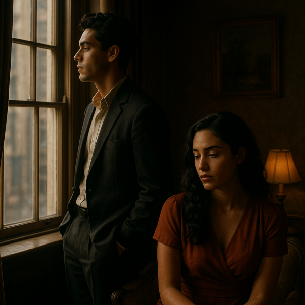 Separación de pareja elegante y reflexiva en ambiente emocional, simbolizando un nuevo comienzo tras una ruptura.