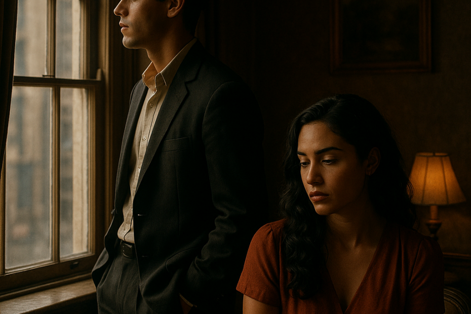 Separación de pareja elegante y reflexiva en ambiente emocional, simbolizando un nuevo comienzo tras una ruptura.