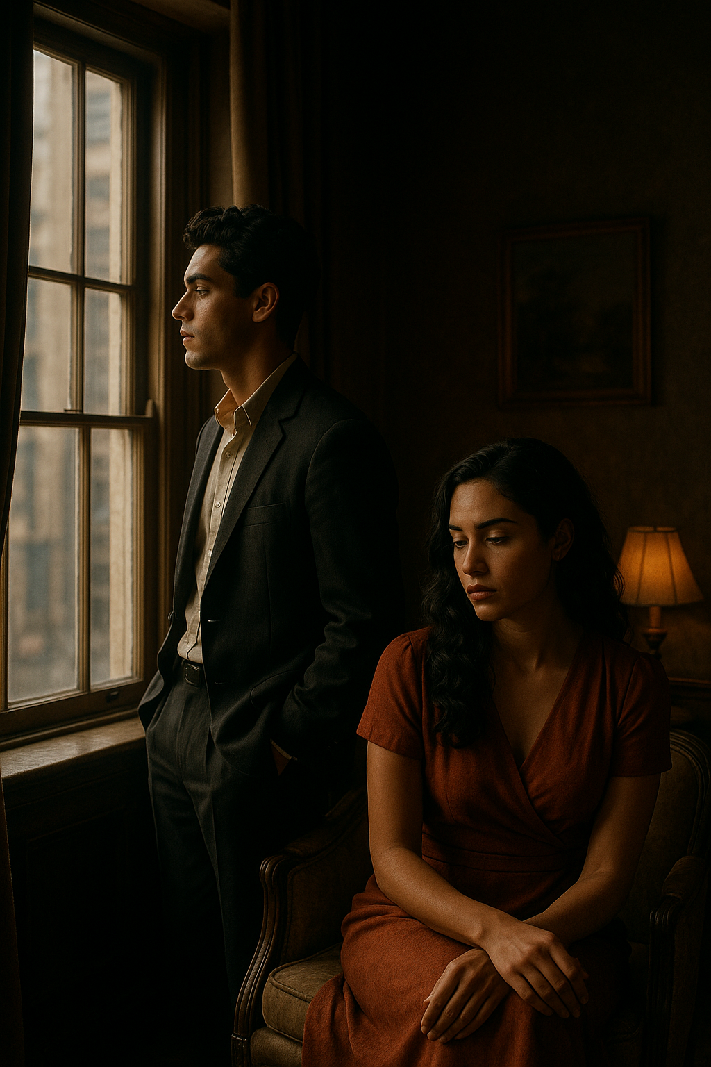Separación de pareja elegante y reflexiva en ambiente emocional, simbolizando un nuevo comienzo tras una ruptura.