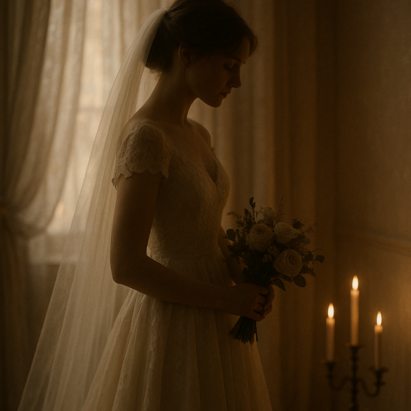 Mujer en ceremonia de boda íntima con ambiente sentimental y elegante