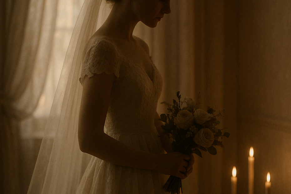 Mujer en ceremonia de boda íntima con ambiente sentimental y elegante