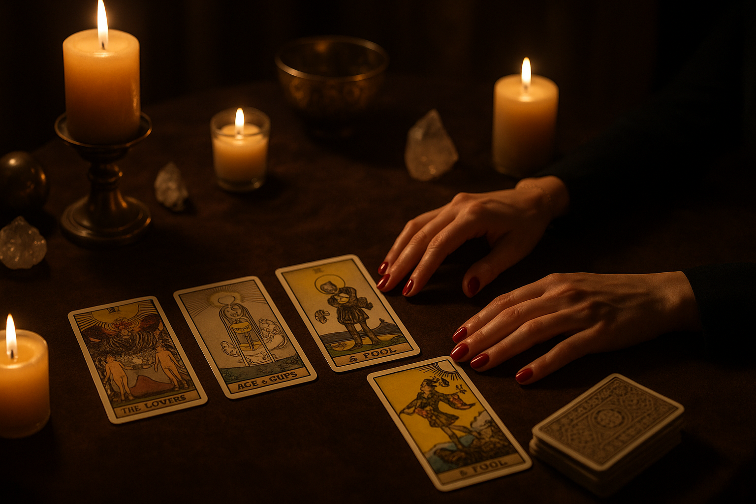 manos mostrando cartas de tarot sobre mesa elegante con velas y ambiente mistico