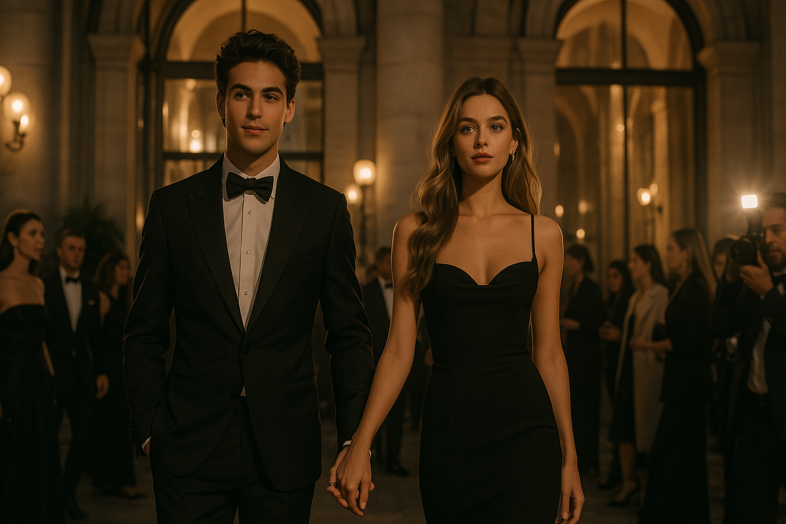 pareja elegante entrando de la mano a un evento de moda en paris con ambiente romantico