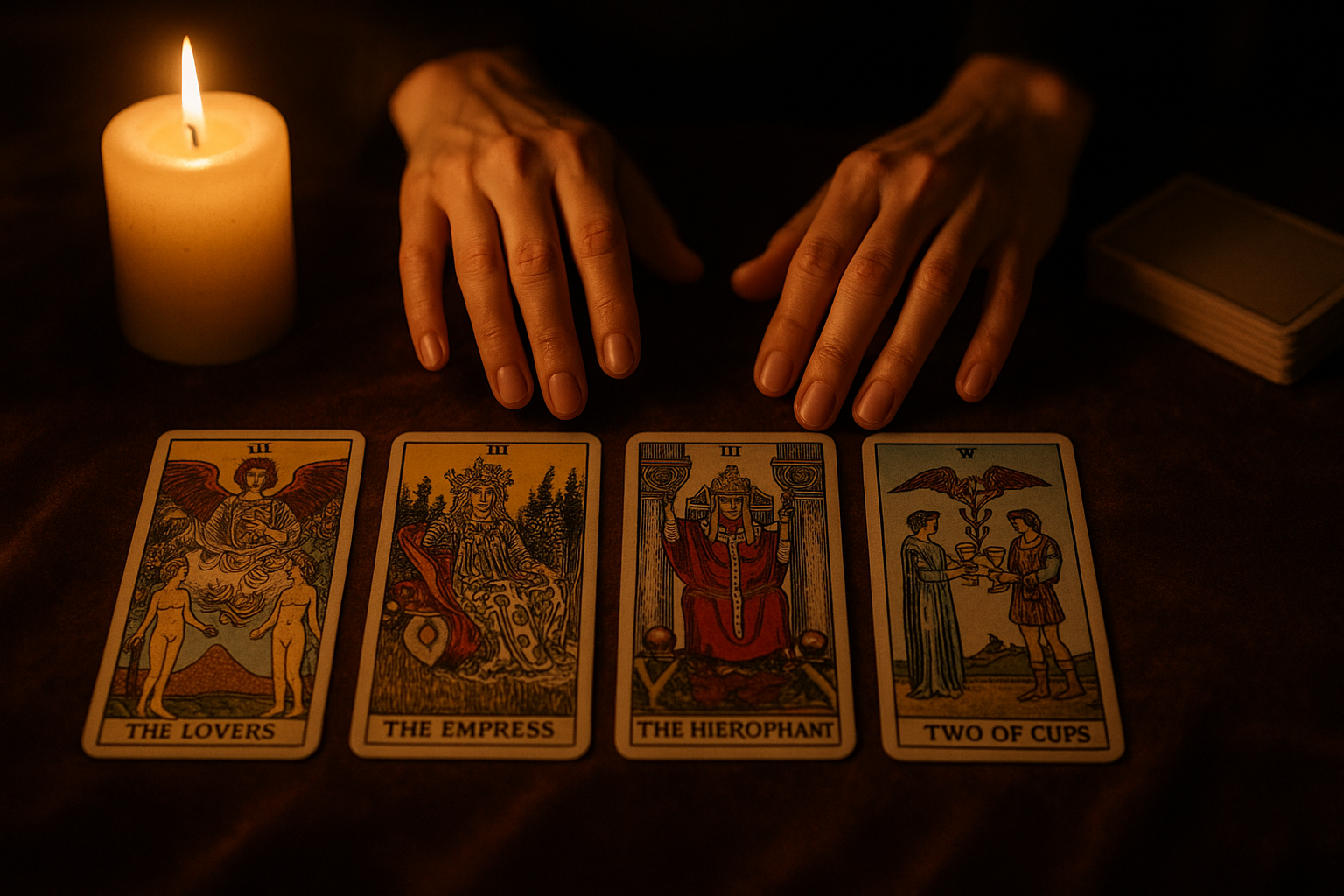 Tarot cartas y manos con luz cálida en ambiente íntimo