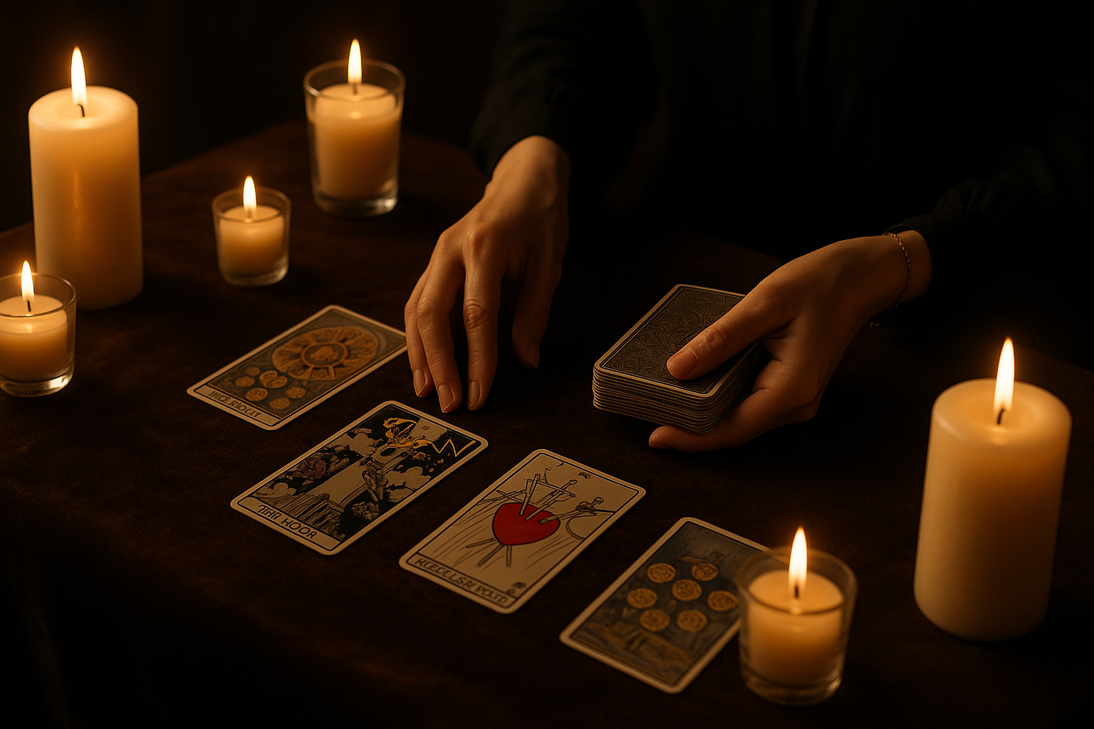 Cartas del tarot sobre mesa de terciopelo con velas, ambiente de reflexión y misterio
